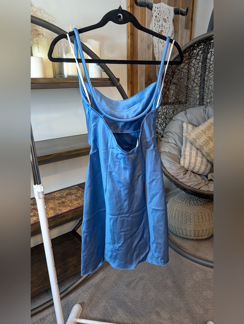 Satin Square-Neck Slip Dress in Blue - Picture 6 of 7